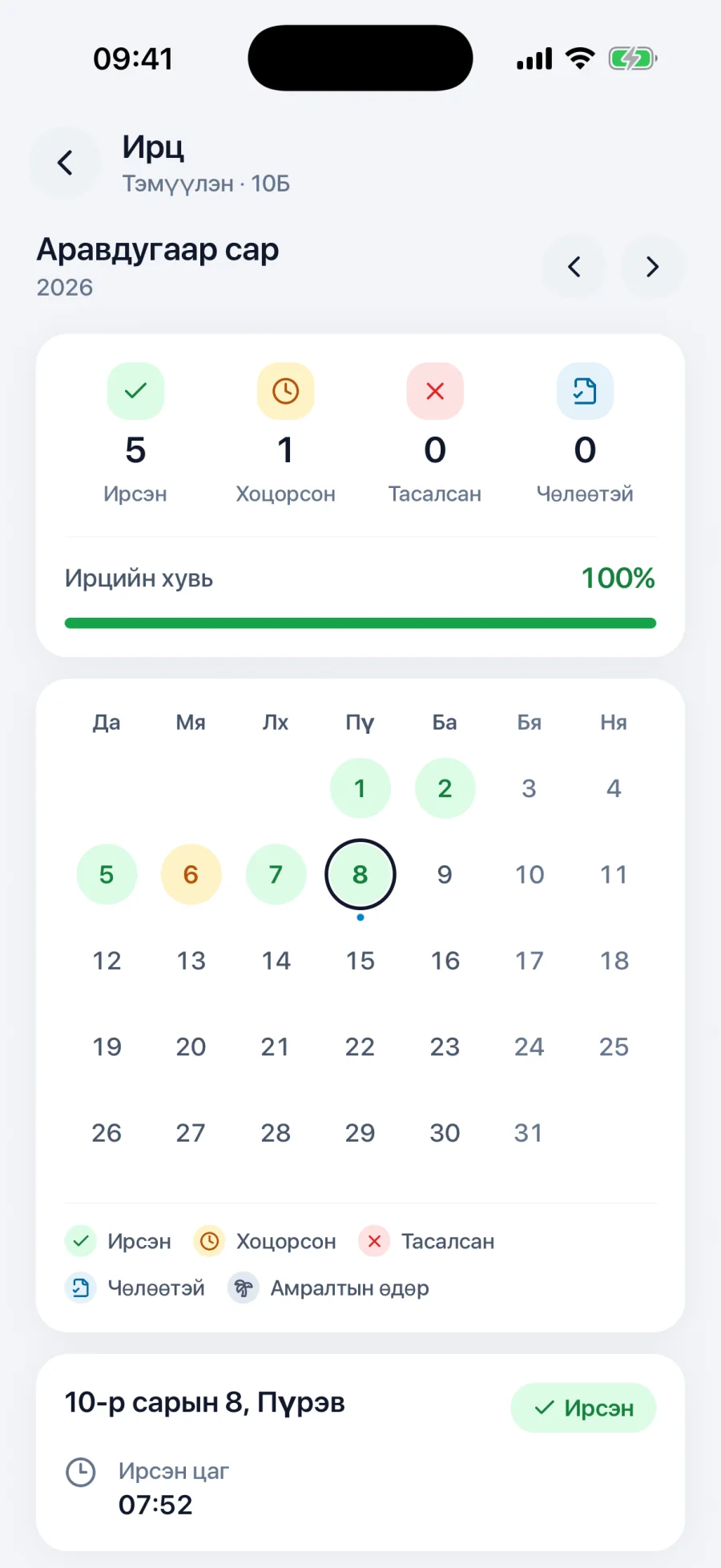 The attendance calendar in the Oyunlag app, showing a month of arrivals